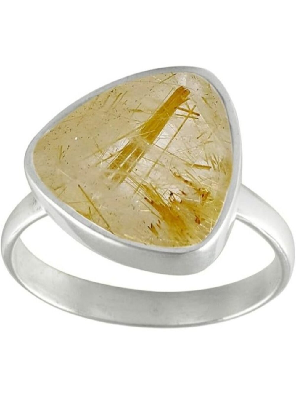 Natural-faceted Rutile Quartz Gemstone Ring Trillion Shape Silver Faceted Ring